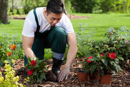 Gardener in Willesden preparing recycling stations in a front garden